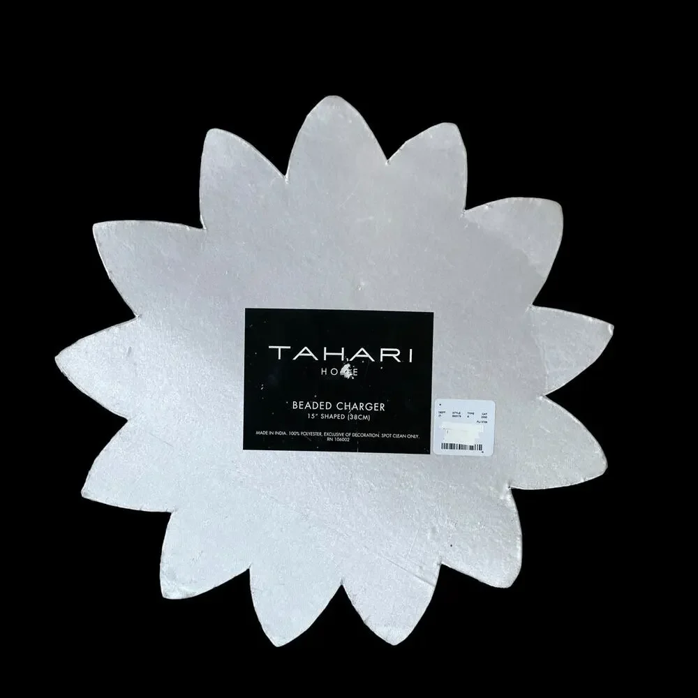 TAHARI HOME Glass Hand Beaded Charger Placemat 15in White Silver Floral NEW